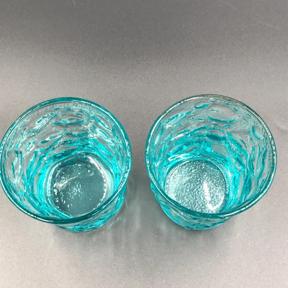 Pair of Anchor Hocking Milano Aqua Blue Glass Flat‎ Tumblers Bark Texture 8 oz
